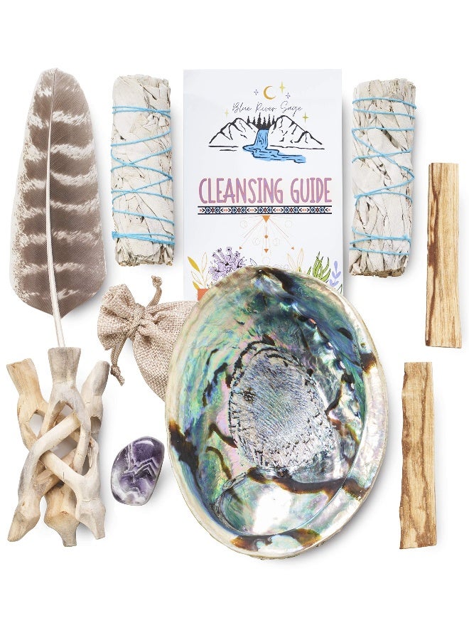 Blue River Sage Smudging & Energy Cleansing Kit with Amethyst, White Sage, Palo Santo, Abalone Shell, Stand & Guide (Regular) - Image 3